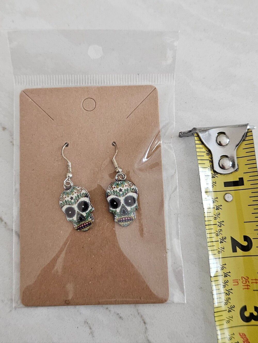 Day of the Dead Sugar Skull Dangle Earrings - Green Accents - Picture 2 of 5